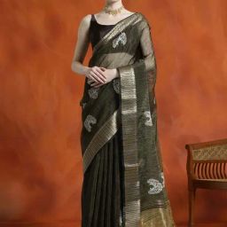 Jaipur Kurti Green Embroidered Saree With Unstitched Blouse-image-34
