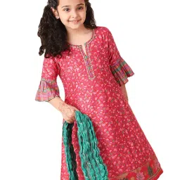 Fabindia Kids Magenta & Green Floral Print Kurta, Churidar with Dupatta-image-78