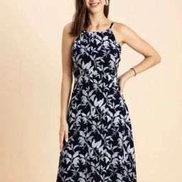 Moomaya Navy & White Printed A Line Dress-picture-10