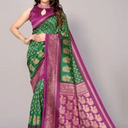 Satrani Green & Purple Printed Poly Silk Saree With Unstitched Blouse-image-51