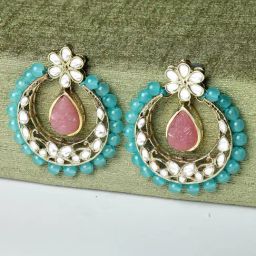 Karatcart Gold-Plated Pink Carved Stone Blue Beads Stud Earrings for Women-6