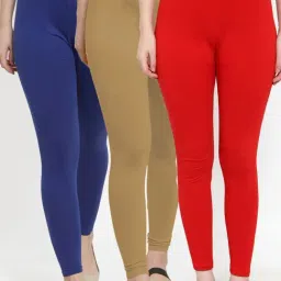Gracit Red & Blue Mid Rise Leggings - Pack Of 3-image-14