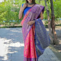 Blissta Pink & Blue Silk Woven Saree With Unstitched Blouse-picture-7