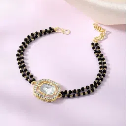 Peora Gold Plated Cubic Zirconia Synthetic Stone & Black Beads Openable Bracelet-picture-1