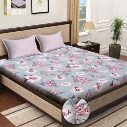 Klotthe Blue & Pink 300 TC Polycotton Double Elastic Book Fold Bedsheet with 2 Pillow Covers-image-63