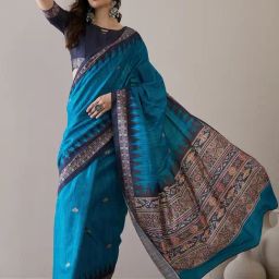 Saree Mall Blue Printed Sarees With Unstitched Blouse-image-48