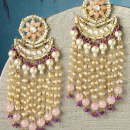 Karatcart Gold-Plated Pink Beads Purple Crystals Kundan Tassel Dangler Earrings for Women-2