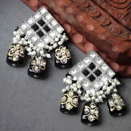 Karatcart Oxidized Silver Black Tumble Studded Diamond Shape Kundan Dangler Earrings for Women-28