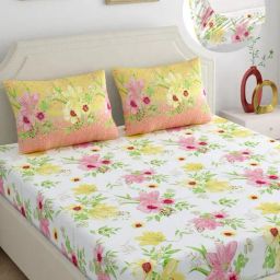 Home Ecstasy Floral Pink 300 TC Cotton King Fitted Bedsheet with 2 Pillow Cover-picture-17