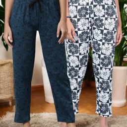 Kryptic off White & Teal Cotton Relaxed Fit Printed Lounge Pant - Pack of 2-image-69