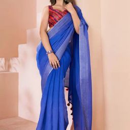 Satrani Blue Linen Saree With Unstitched Blouse-image-51