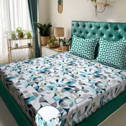 Klotthe White & Blue 300 TC Polycotton Double Elastic Book Fold Bedsheet with 2 Pillow Covers-picture-45