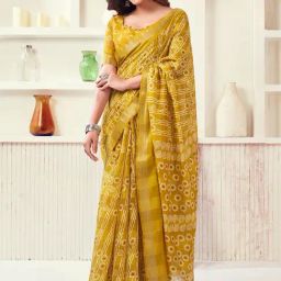 Satrani Dull Yellow Printed Saree With Unstitched Blouse-image-71