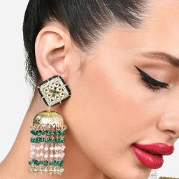 Zaveri Pearls Green Pink Beads Embellished Chain Fringe Kundan Jhumki Earring-ZPFK15849-10