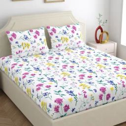 Home Ecstasy Floral White 140 TC Cotton Double Bedsheet with 2 Pillow Cover-image-46