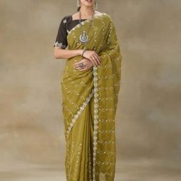 FABMORA Olive Green Embroidered Saree With Blouse-image-51