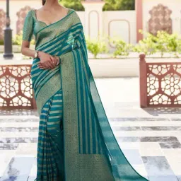 Vardha Teal Blue Striped Saree With Unstitched Blouse-picture-21