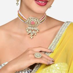Zaveri Pearls Multicolor Multistrand Beaded Kundan Choker Necklace Earring & Ring Set-ZPFK15840-43