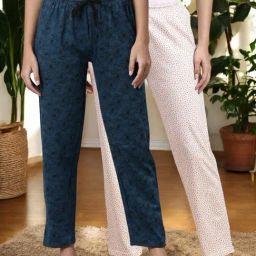 Kryptic White & Teal Cotton Relaxed Fit Printed Lounge Pant - Pack of 2-image-47