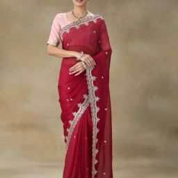 FABMORA Maroon Embroidered Saree With Blouse-picture-4