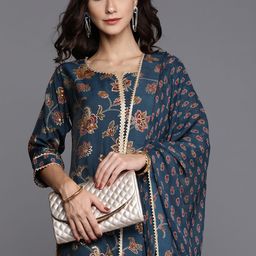 Libas Women Blue & Maroon Floral Printed Regular Kurta with Palazzos & Dupatta-picture-13