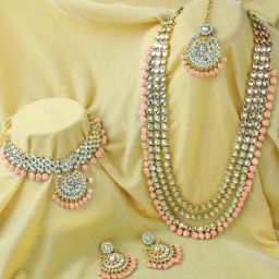 Peora Gold-Plated Kundan Beads Bridal Choker Long Necklace Earrings Maangtikka Wedding Jewellery Set-image-30