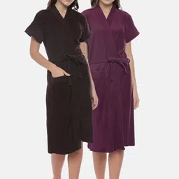 GOLDSTROMS Women Pack Of 2 Coffee Brown & Burgundy Solid Cotton Bath Robes-7