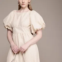 French Connection Boat Neck Puff Sleeves Seersucker Fit & Flare Midi Dress-image-15
