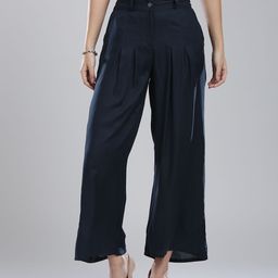W Women Navy Solid Parallel Trousers-image-7