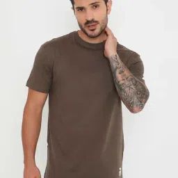 RIVOLTA Brown Slim Fit Cotton Crew T-Shirt-image-66