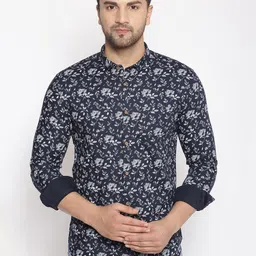 SHOWOFF Men Navy Blue & Grey Cotton Classic Slim Fit Printed Casual Shirt-image-127