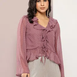 aaliya Tie-Up Neck Flared Sleeve Ruffles Georgette Peplum Crop Top-picture-6