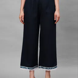 Indo Era Women Navy Blue Hem Design Straight Palazzos-picture-26