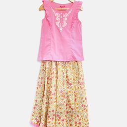 Biba Girls Pink & Off-White Kurti with Skirt-image-46