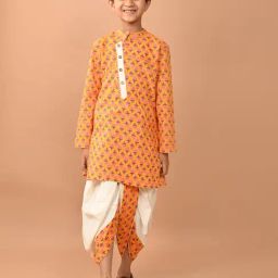 LilPicks Kids Mustard & White Floral Print Full Sleeves Kurta with Dhoti-image-3