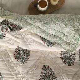 Peepul Tree White & Green Pure Cotton Reversible Hand Block Printed Jaipuri Razai image 4