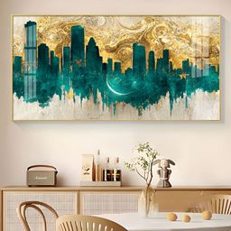 THE NEXT DECOR Blue & Yellow Urban Vista Glass Finish Horizontal Wall Art-7