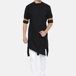 Freehand by The Indian Garage Co Men Black White Solid Asymmetric Kurta with Pyjamas-picture-12