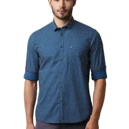 Basics Blue Sapphire Cotton Slim Fit Printed Shirt-image-98