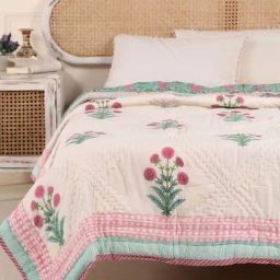 Peepul Tree Single Quilt In Fine Cotton | Reversible Hand Block Printed Turquoise Jaipuri Razai |-image-79