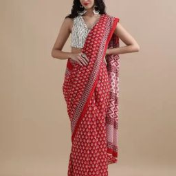 Jaipur Kurti Red Mulmul Cotton Regular Fit Print Saree-picture-23