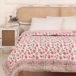 Peepul Tree Single Quilt in Fine Cotton | Reversible Hand Block Printed Floral Pink Jaipuri Razai |-image-42