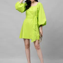 Athena Lime Green Cotton A-Line Dress-68