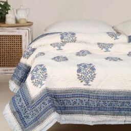 Peepul Tree Single Quilt In Fine Cotton | Reversible Hand Block Printed Blue Mist Jaipuri Razai |-13