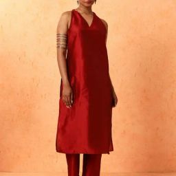 Jaipur Kurti Maroon Chanderi Silk Solid Kurta Set-picture-10