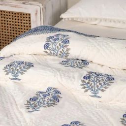 Peepul Tree Single Quilt In Fine Cotton | Reversible Hand Block Printed Blue Mist Jaipuri Razai | image 3