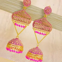 Crunchy Fashion Gold Plated Pink Temple Jhumkas-picture-20