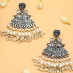 Teejh Tribe Silver Peacock Pearl Dangler Earrings-image-67