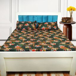 Adwitiya Green & Yellow Floral 210 TC Queen Bedsheet with 2 Pillow Covers-image-95