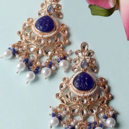 Karatcart Rose Gold Plated Blue Carved Stone Kundan Drop Earrings for Women-image-94
